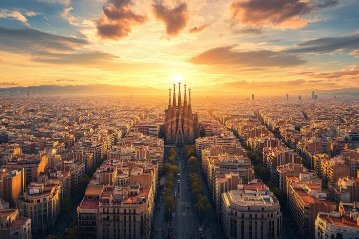 Die Turmspitzen der Sagrada Familia als Silhouette vor einem goldenen Sonnenuntergang über dem Straßenraster Barcelonas