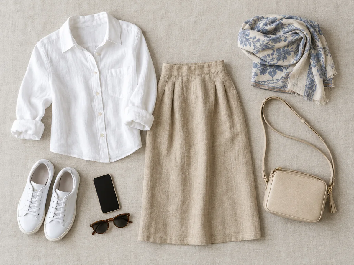 Ein dezentes Sommeroutfit mit Tuch, knielangem Rock und Sneakern, flach ausgelegt