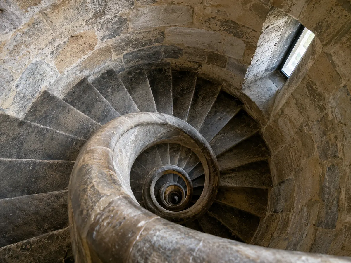 Blick hinunter in eine schmale steinerne Wendeltreppe in einem Turm